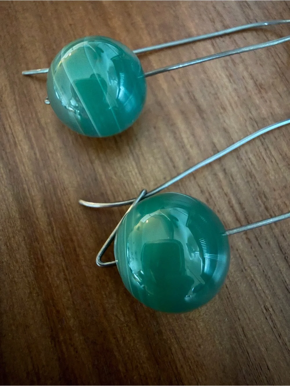 Teal Glass Bead Drop Earrings - Minimal Wire Hook - Blue Green Hue